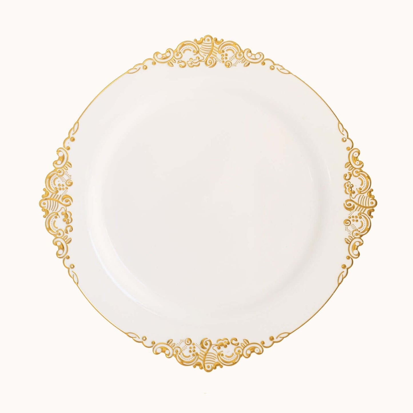 10-Pack Plastic 10" Round Dinner Plates in White with Gold Leaf Embossed Rim - Disposable Vintage Baroque Style Plates for Luxurious Gatherings & Events