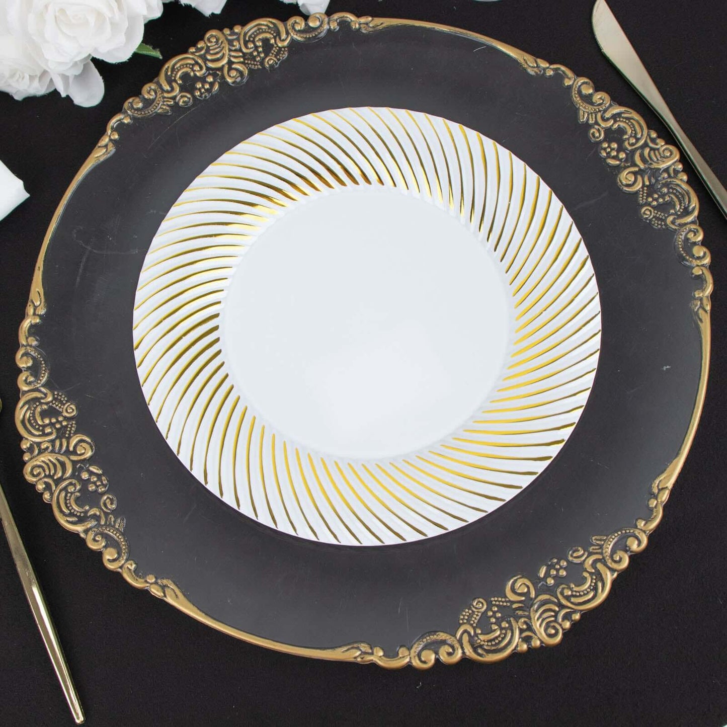 10-Pack Plastic 9" Round Dinner Plates White with Gold Swirl Rim - Disposable Party Plates