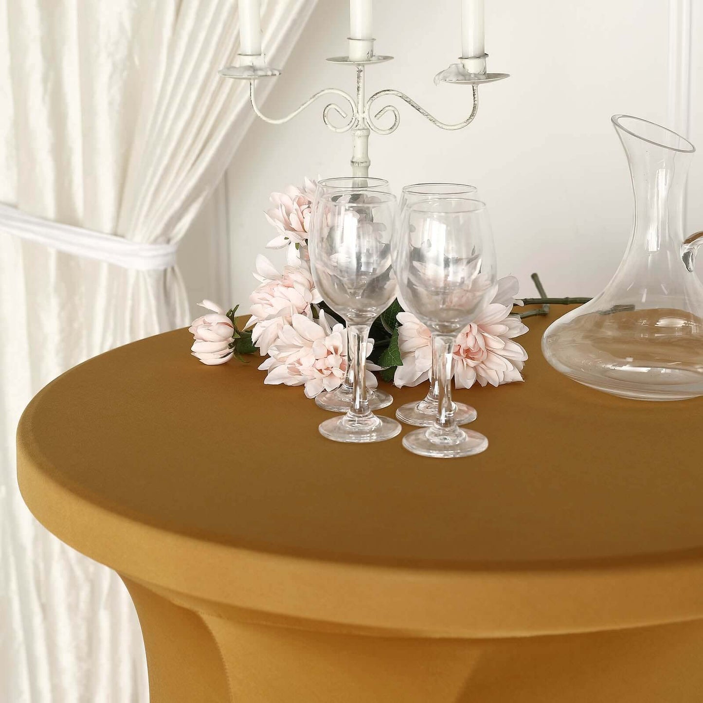 Spandex 30" Round Cocktail Table Cover Skirt Gold With Natural Wavy Drapes