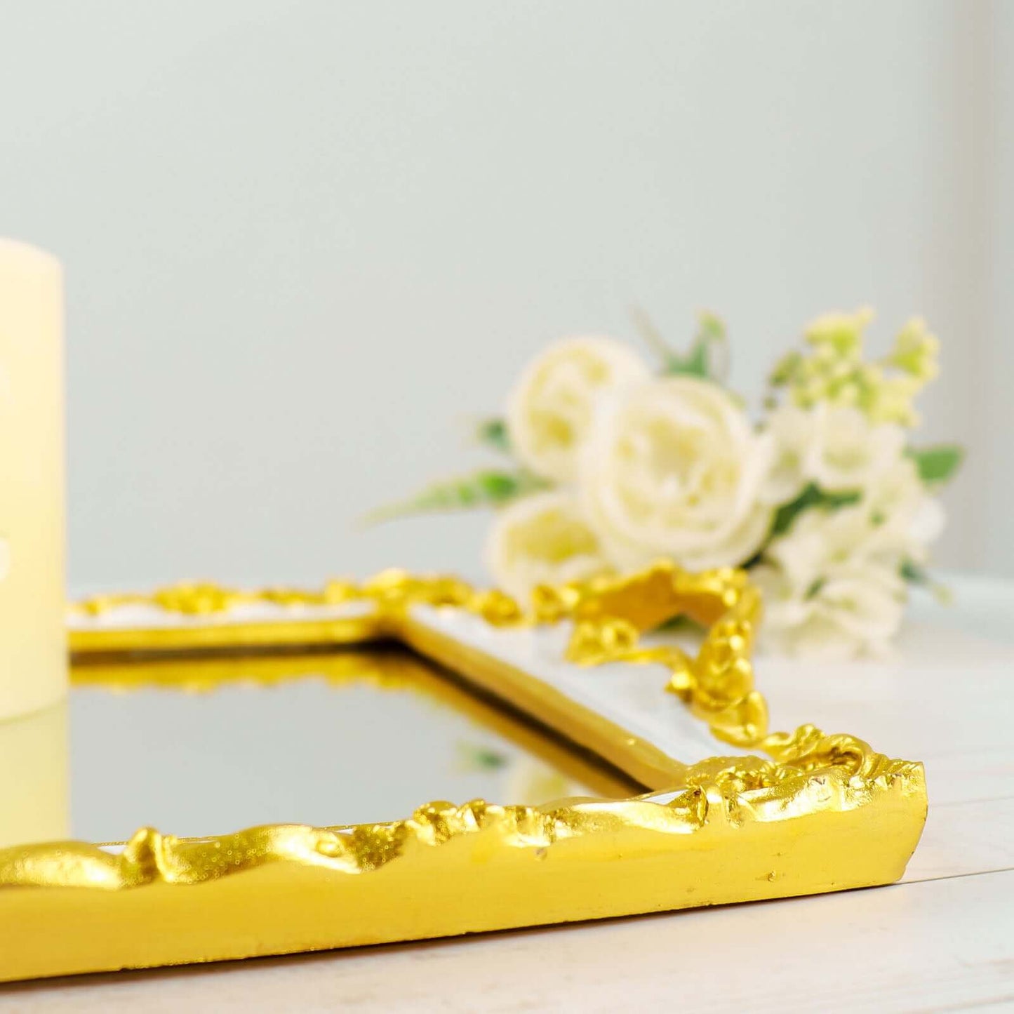 Resin Mirrored Rectangle Serving Tray 15"x10" in White with Gold Baroque Design, Stylish Decorative Vanity Tray Centerpiece