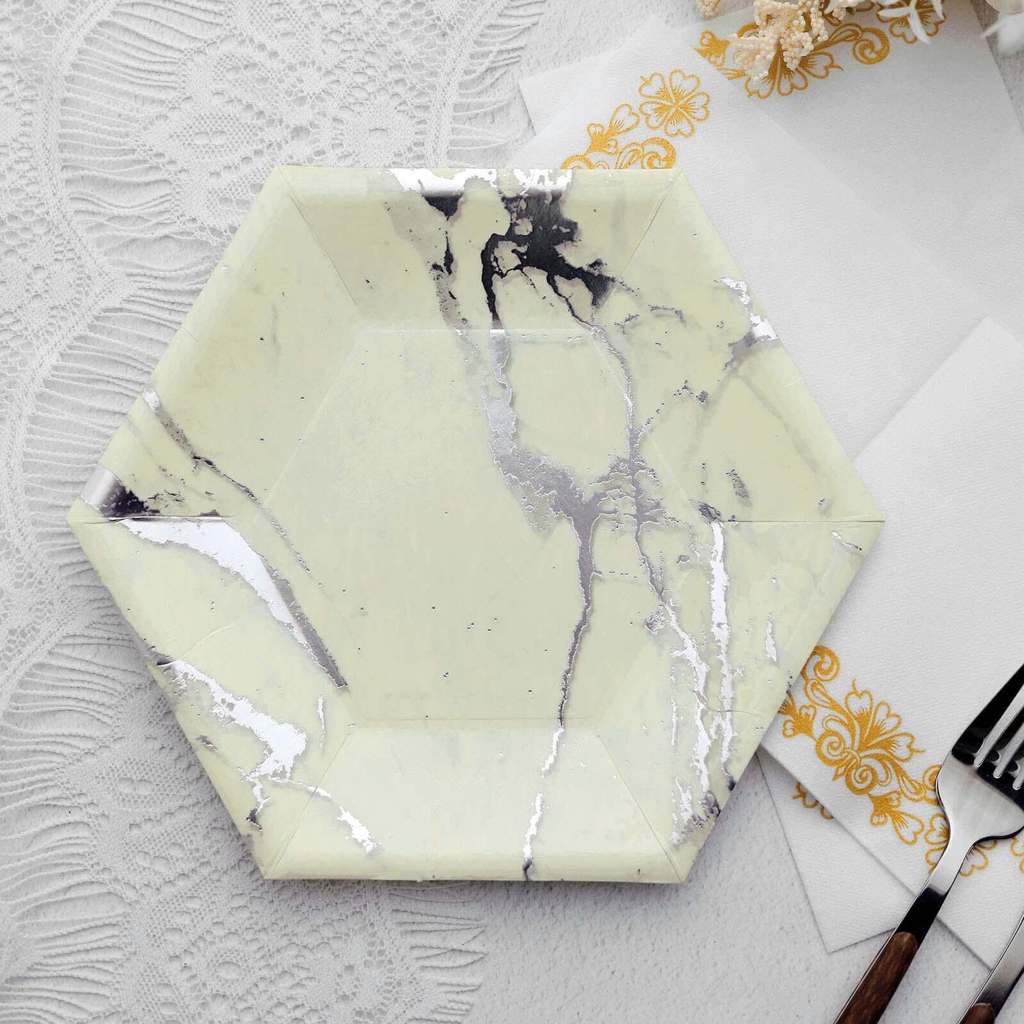 25-Pack Paper 8.5" Hexagon Dessert Plates in Ivory with Silver Marble Design - Disposable Geometric 400GSM Appetizer Salad Plates for Events & Banquets