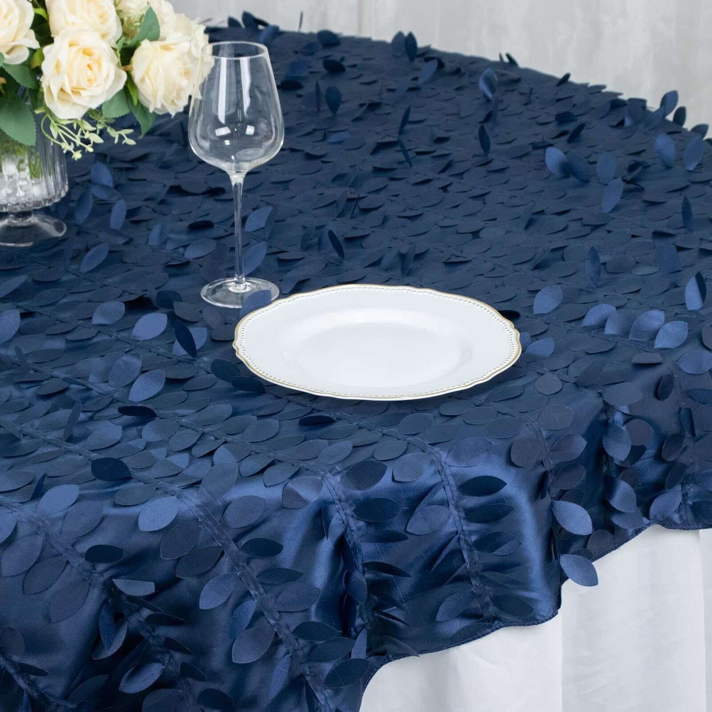 Taffeta 72"x72" Table Overlay Square Tablecloth Navy Blue - 3D Leaf Petal Table Cover