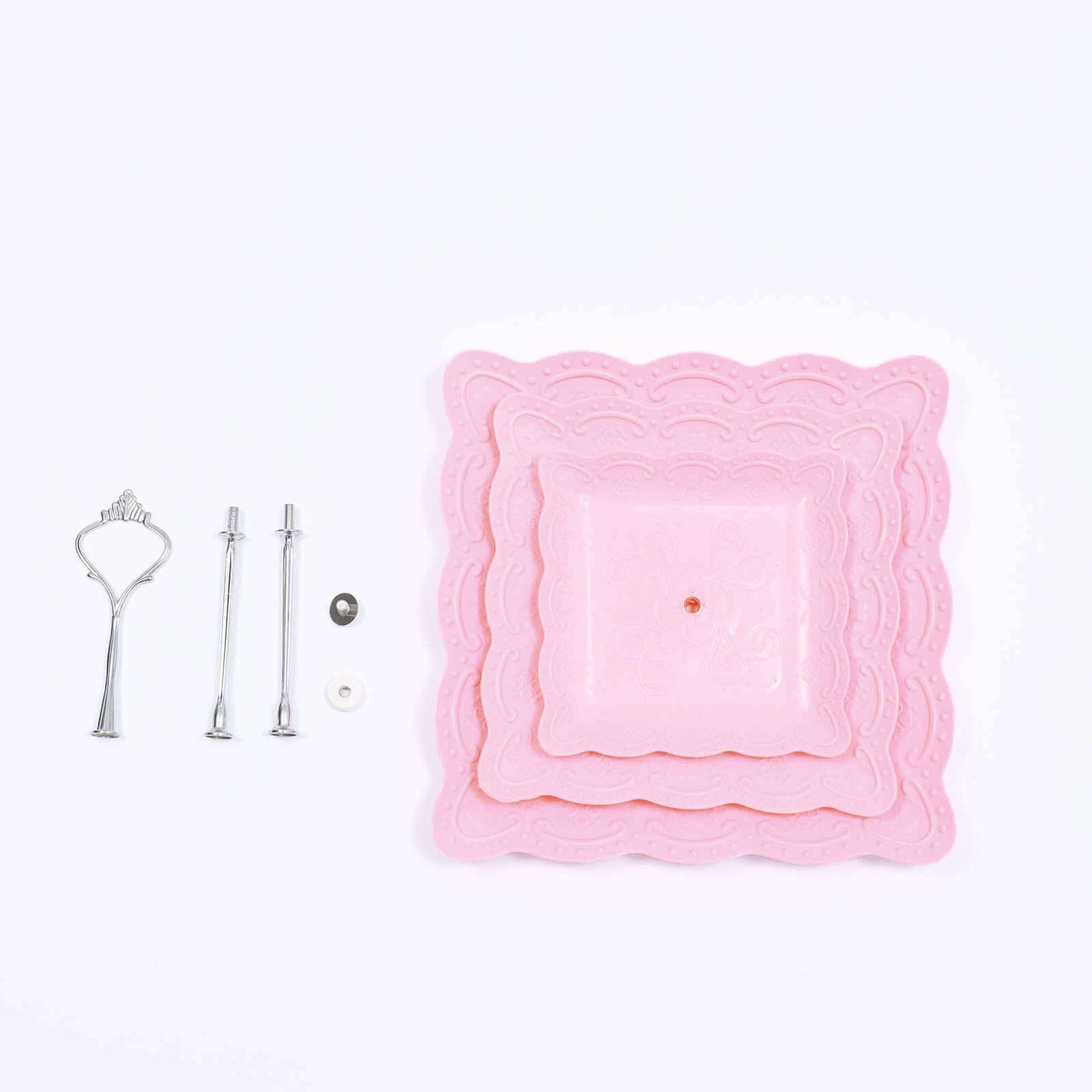 3-Tier Plastic Square Cupcake Stand Tower Pink - Charming Easy to Assemble Dessert Display Serving Tray Platter with Floral Embossed Scalloped Rim & Silver Handle for Tea Parties Weddings & Special Occasions 13"