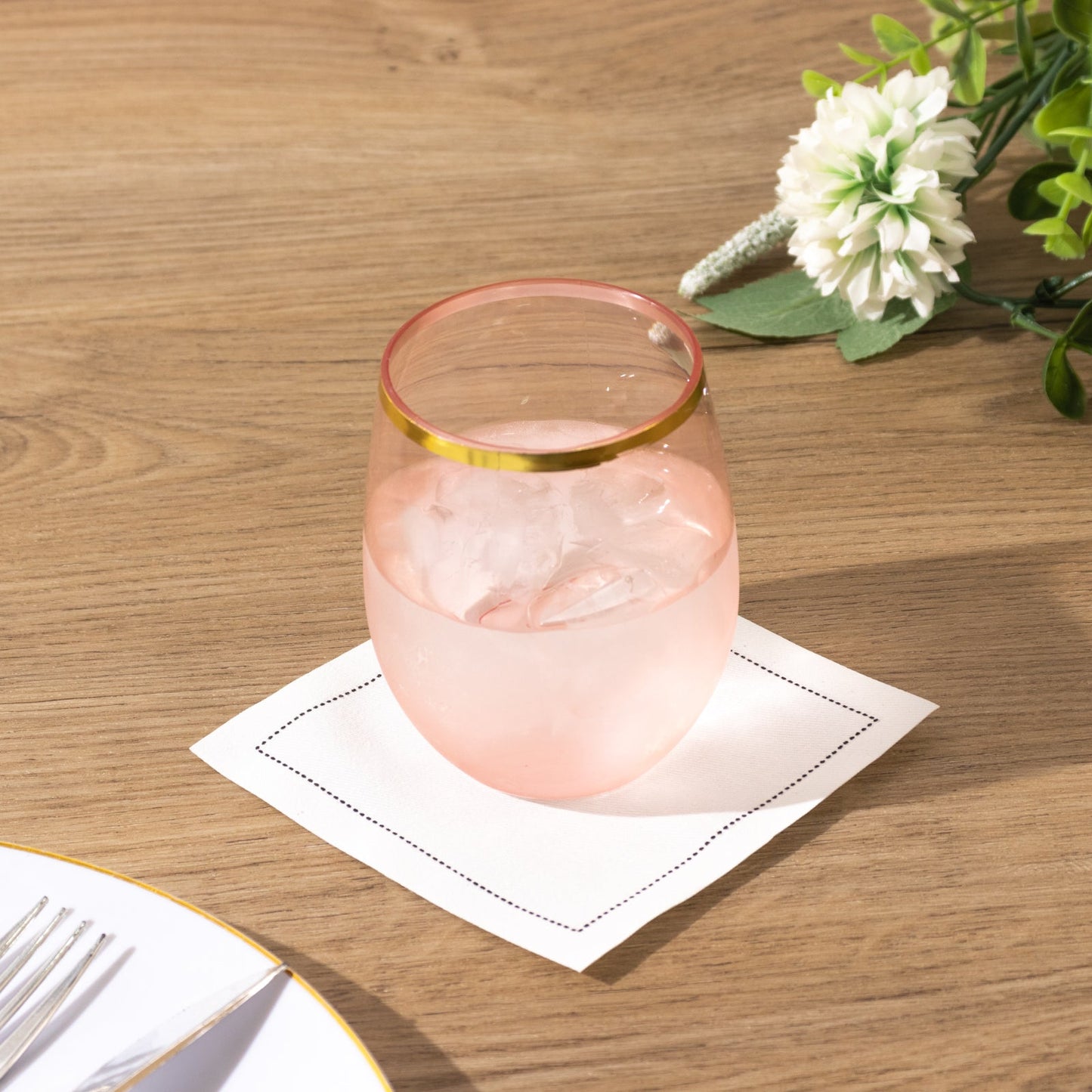 12-Pack Plastic Wine Tumblers Transparent Blush with Gold Rim - Reusable Drinkware 12oz