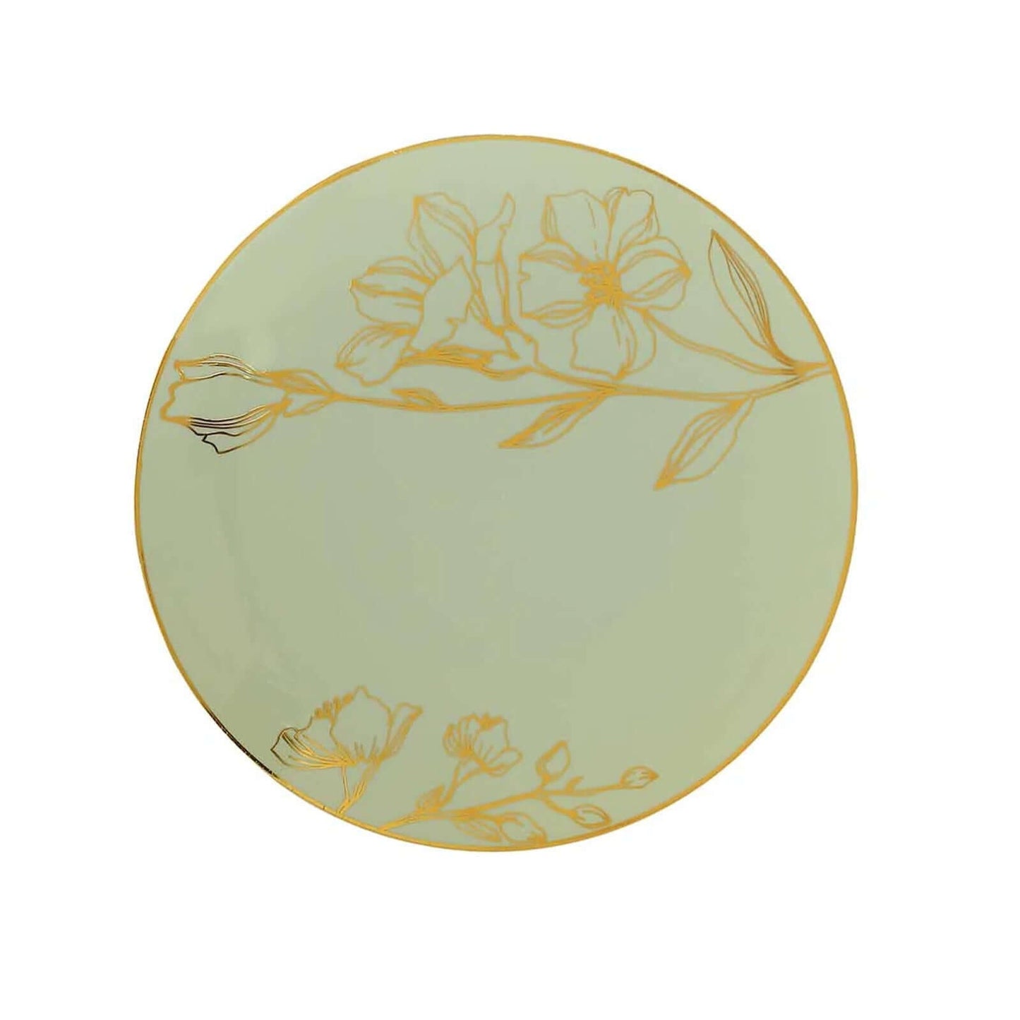 Set of 20 Plastic Round Dinner and Dessert Plates in Sage Green with Metallic Gold Floral Design - Stylish Disposable Dinnerware 8", 10"