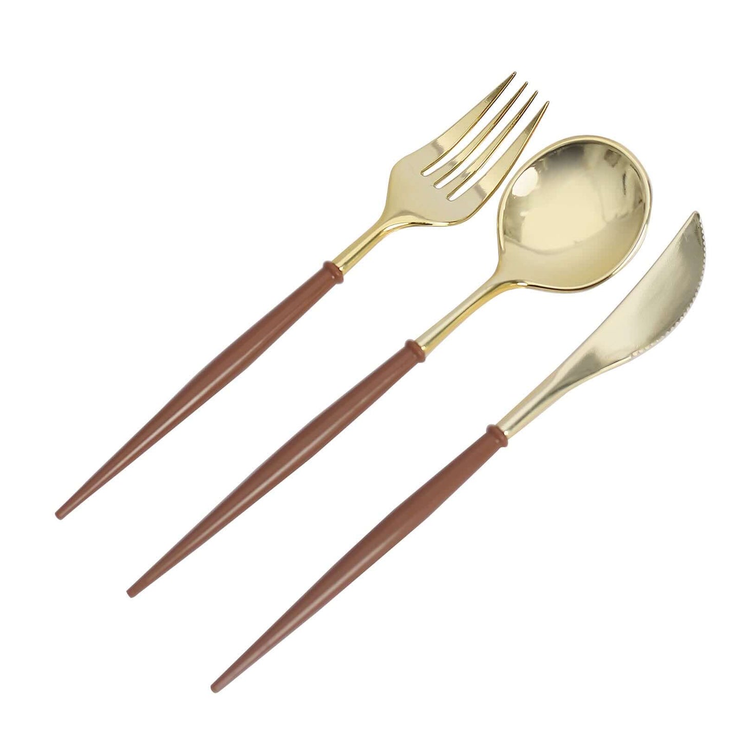 24-Pack Plastic Flatware Set in Metallic Gold with Brown Handle - Heavy Duty Disposable Modern Silverware 8"