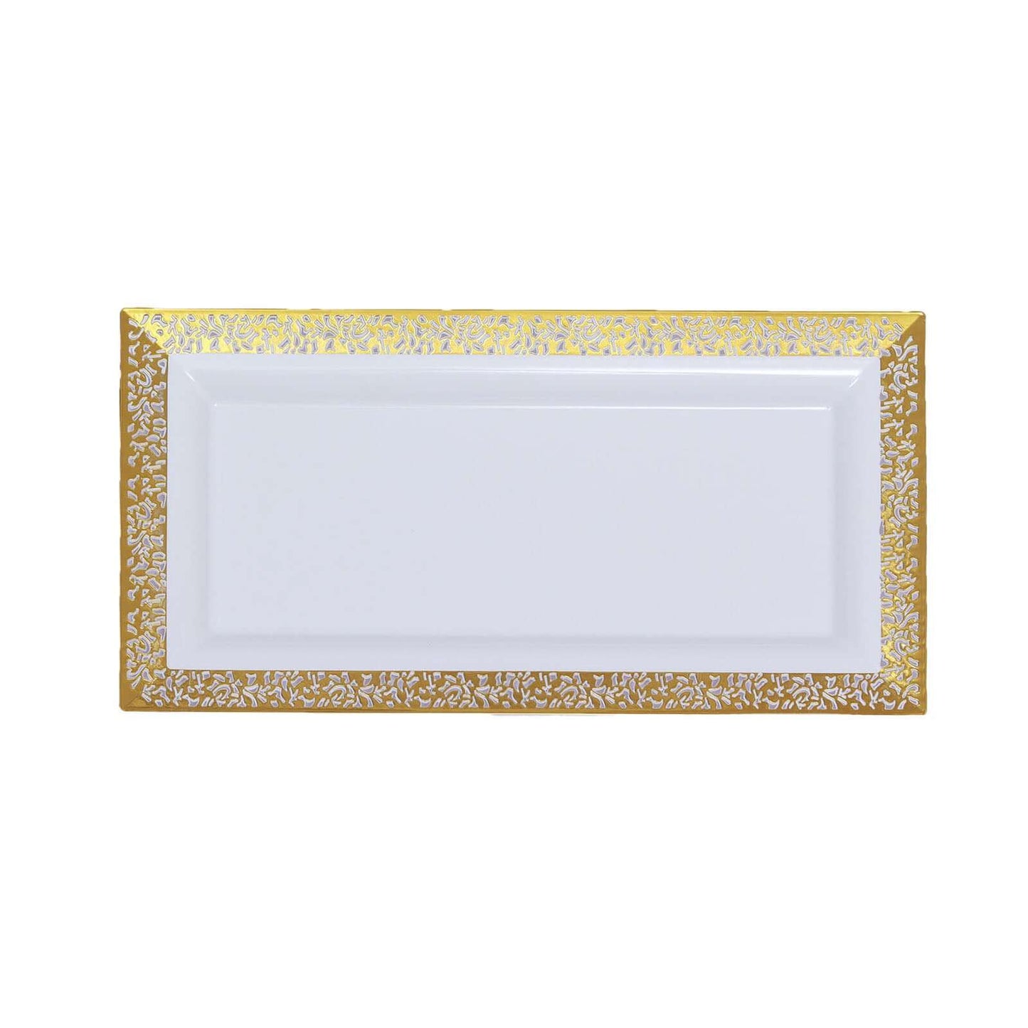 4-Pack Plastic 14" Rectangle Serving Trays White with Gold Lace Rim - Chic Decorative Table Tray Platters for Buffets Banquets Dinner Parties