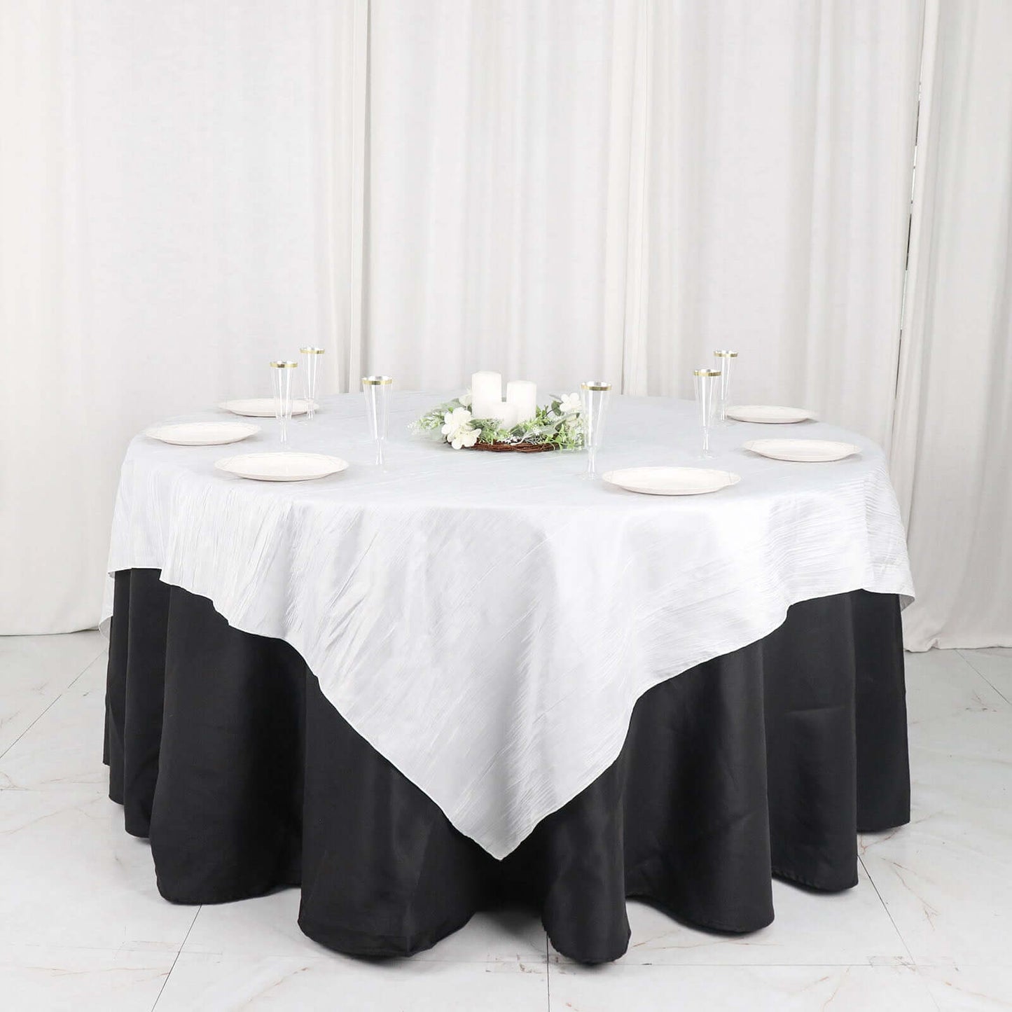 Taffeta 72"x72" Table Overlay Square Tablecloth White - Accordion Crinkle Design for Stylish Events