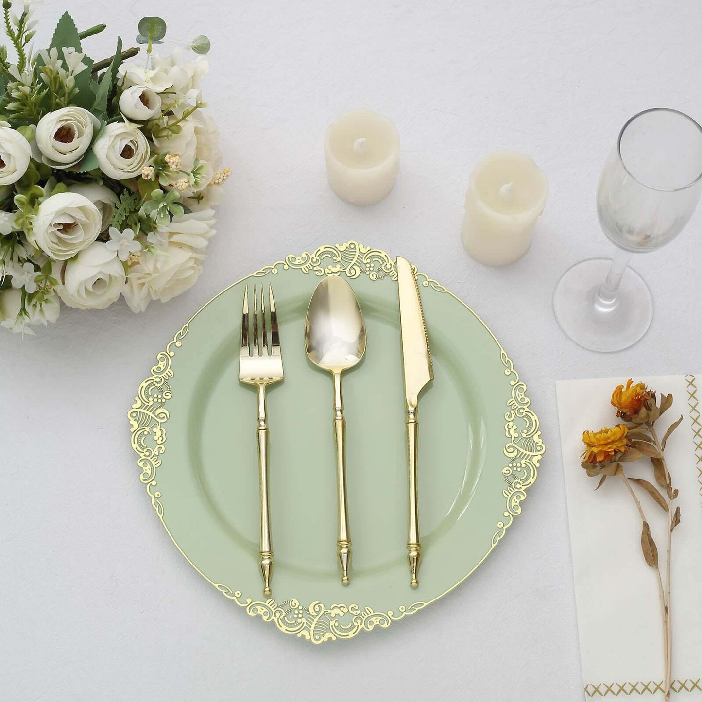 10-Pack Plastic 10" Round Dinner Plates in Sage Green with Gold Leaf Embossed Rim - Disposable Vintage Baroque Style Plates