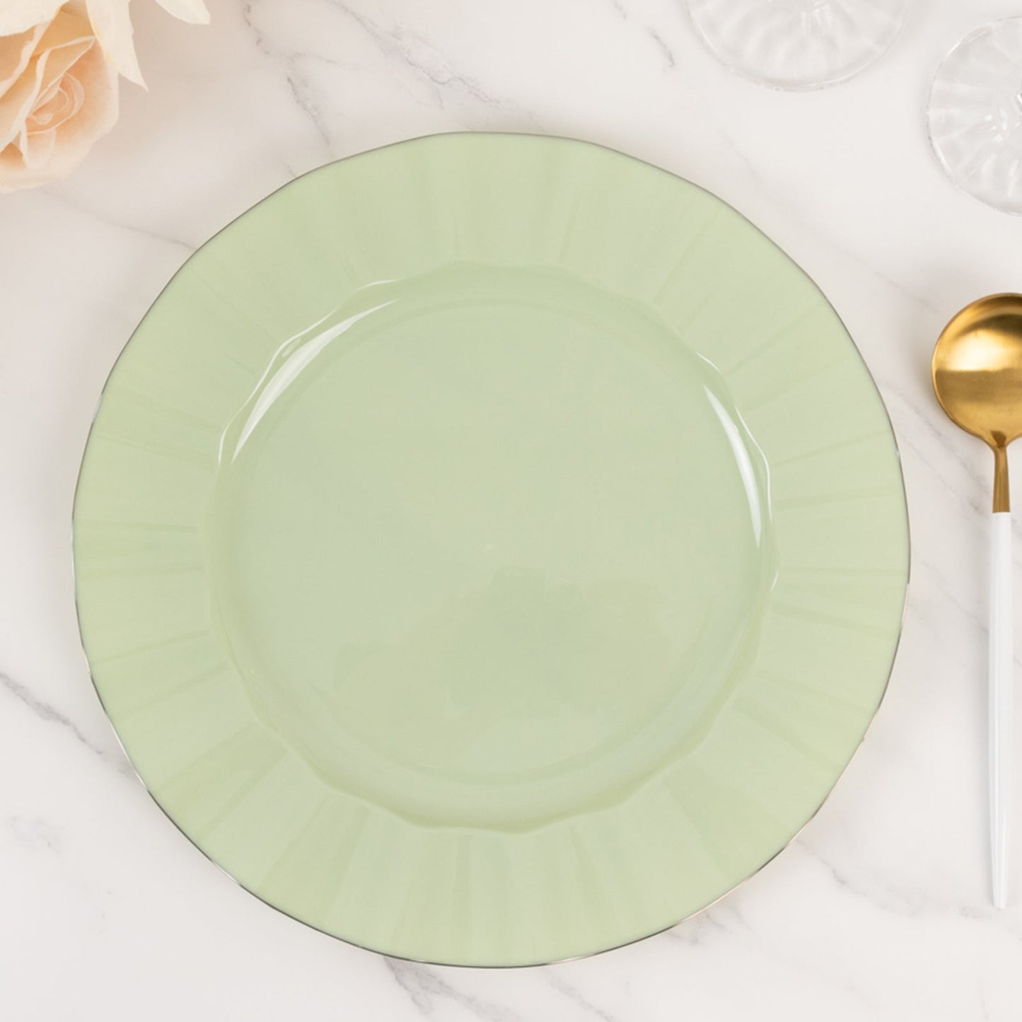 10-Pack Plastic 11" Round Dinner Plates in Sage Green Ruffled Rim with Gold Edging - Sturdy Disposable Dinnerware