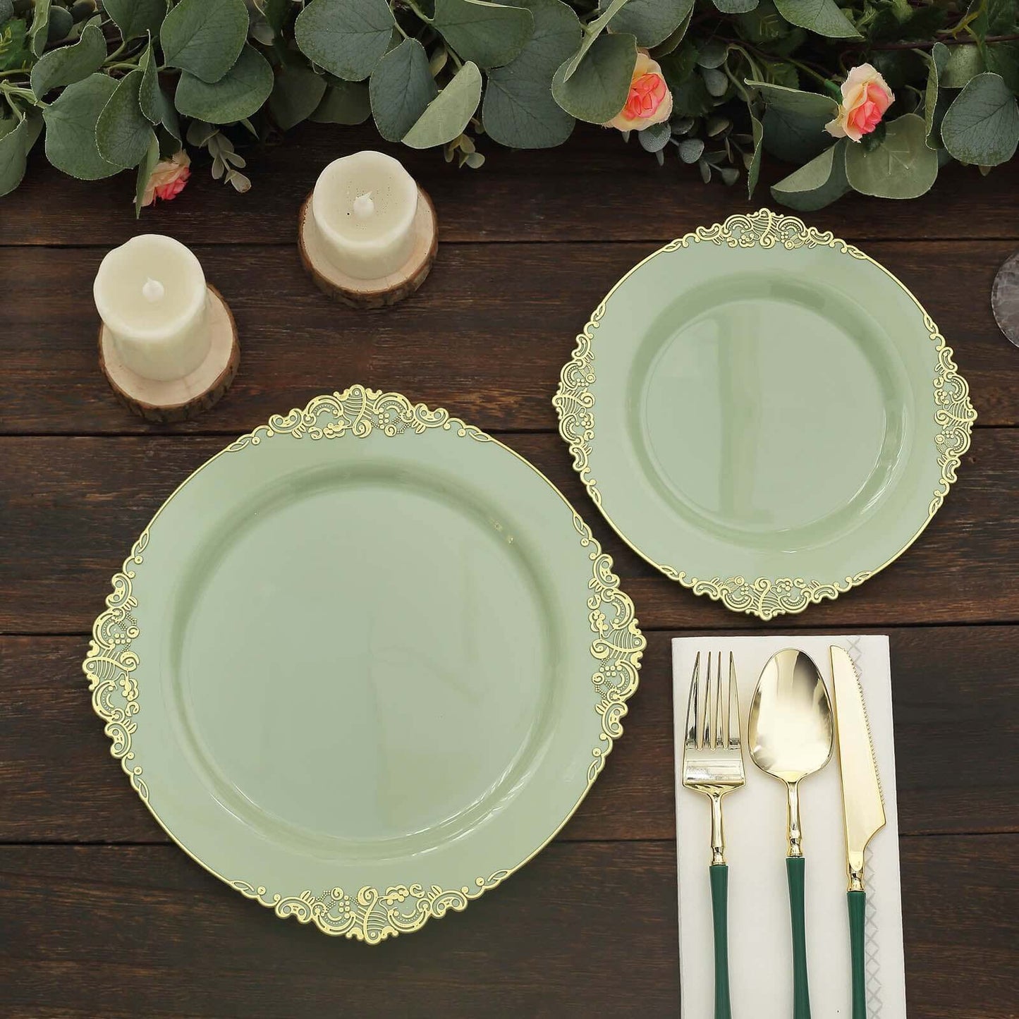 10-Pack Plastic 10" Round Dinner Plates in Sage Green with Gold Leaf Embossed Rim - Disposable Vintage Baroque Style Plates