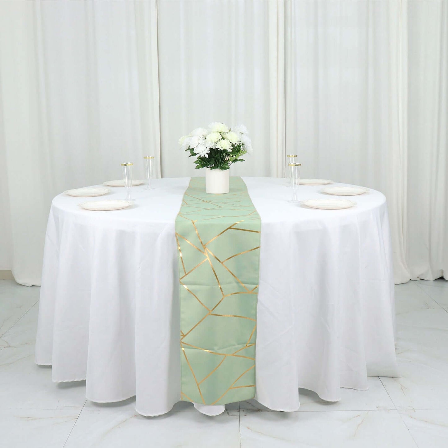 Polyester 9ft Table Runner Sage Green with Gold Foil Modern Geometric Accent