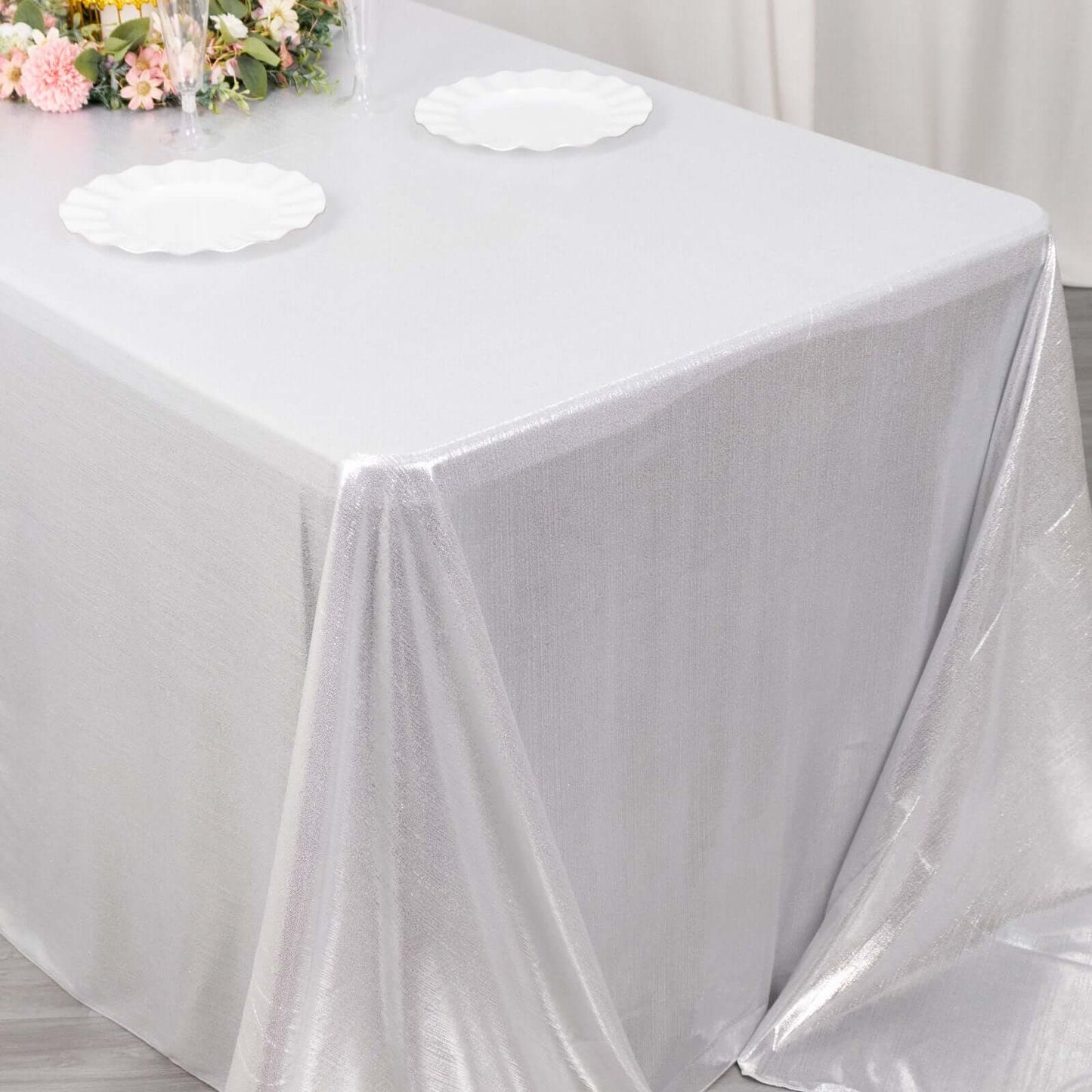 Sequin Dots Polyester 90"x132" Rectangle Tablecloth Shimmering Silver - Seamless, Glittering & Wrinkle Free Table Cover