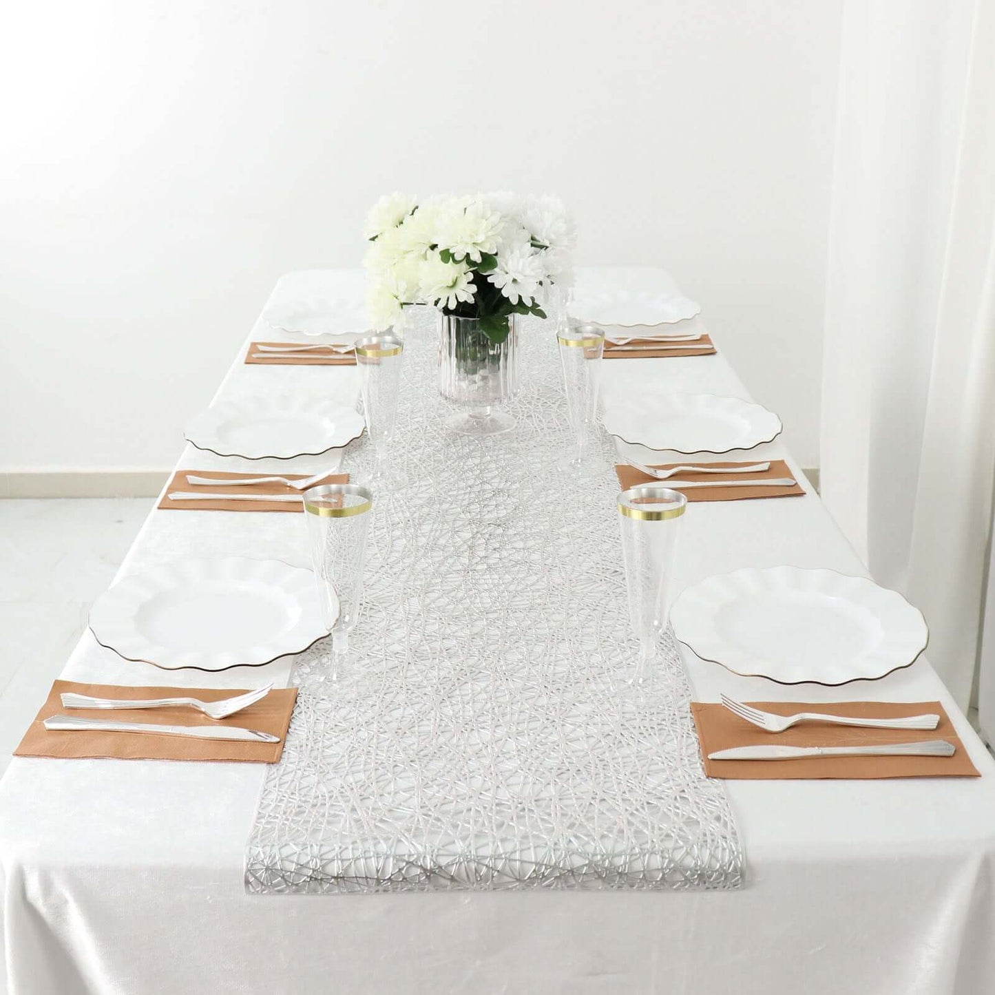 Plastic Woven Vinyl 13"x6ft Table Runner Metallic Silver - Non-Slip & Reversible Tabletop Decor