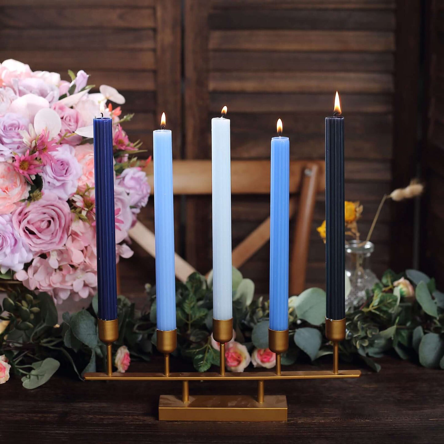 5-Pack Taper Candles Ribbed Wick Ribbon Wax Design Assorted Blue - Premium Unscented Dinner Candles 9"