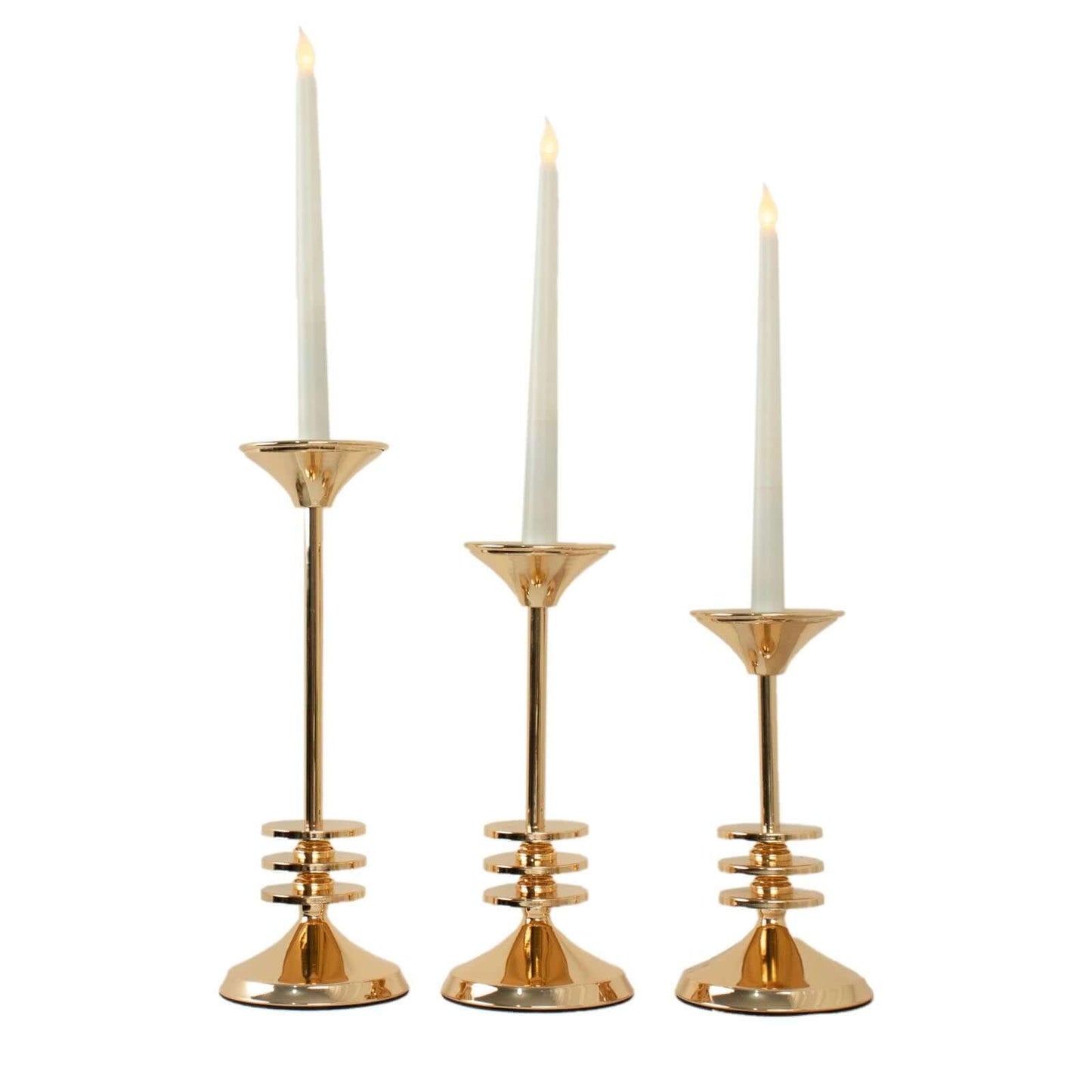 Set of 3 Taper Candlestick Holders Gold Metal with 3 Disk Pedestal Design - Decorative Centerpieces 9", 11", 13"