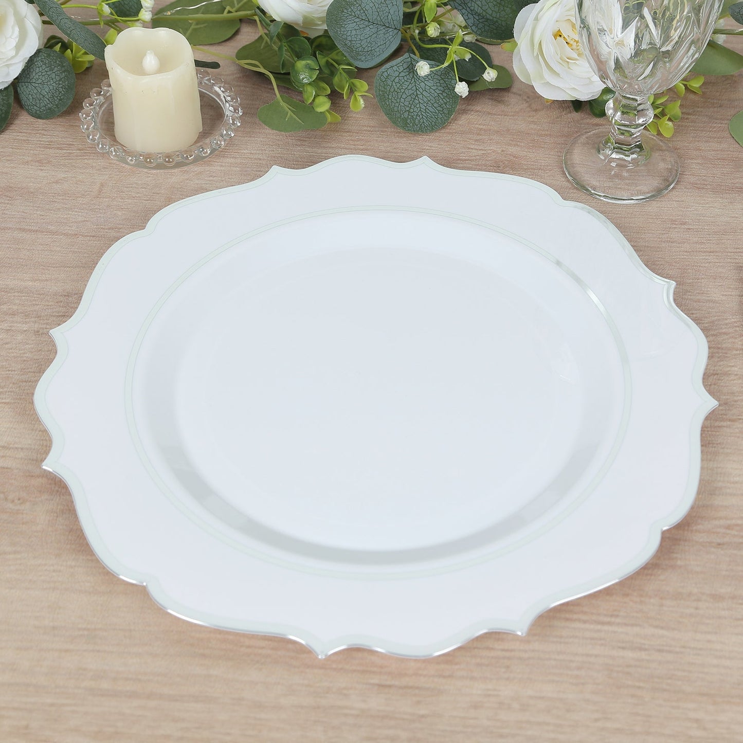 10-Pack Economy Plastic Round Charger Plates 13" in White with Silver Scalloped Rim, Decorative Dinner Party Serving Plates