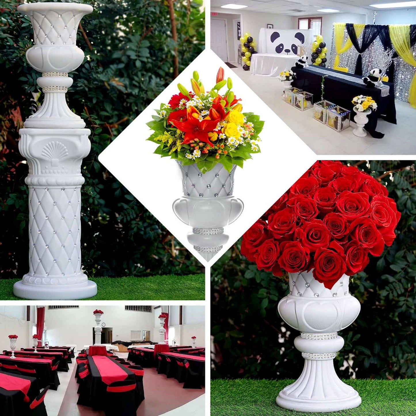 2 Pack White Crystal Beaded Italian Inspired Pedestal Stand Flower Plant Pillar With 10mm Crystal Studs - 18" Tall PVC