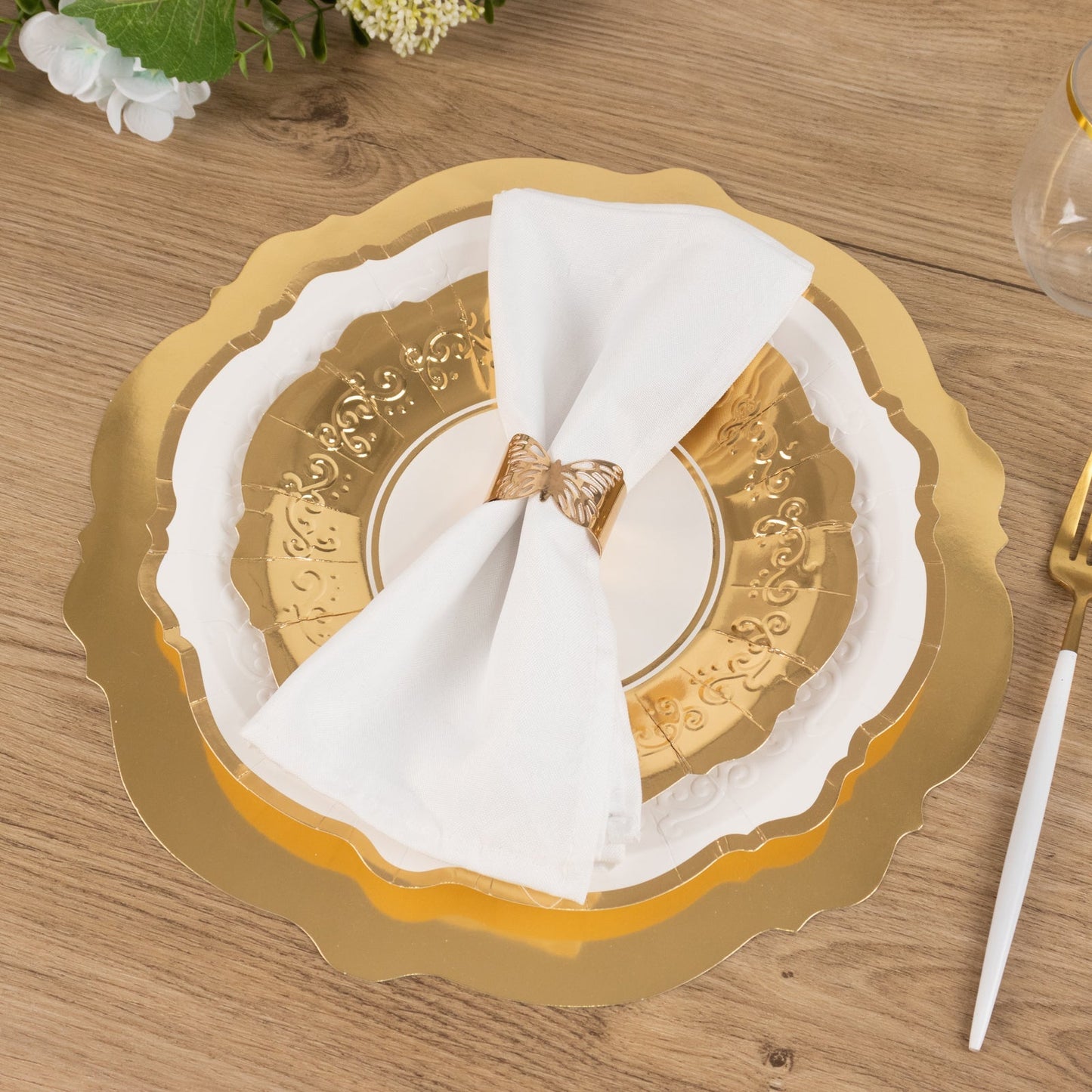 75 Pcs Paper Charger Plates with Gold Embossed Scalloped Rim White - Heavy Duty Disposable Dinner and Salad Plates 8",10",13"