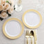 10-Pack Plastic Round Dessert Plates 7" White with Beige Gold Spiral Rim - Disposable Salad Plates