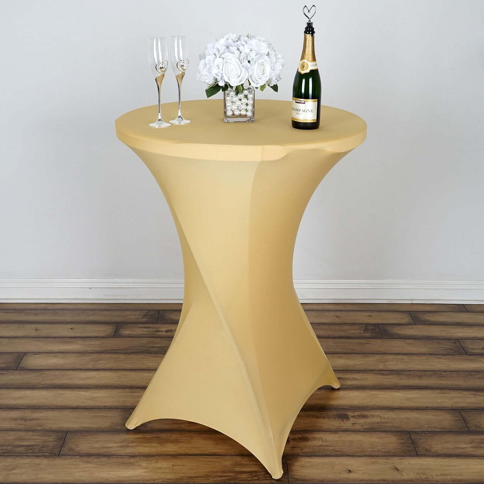 Spandex 30" Round Cocktail Table Cover Champagne - Easy to Maintain Stretch Fitted Highboy Tablecloth - Linen Luxes