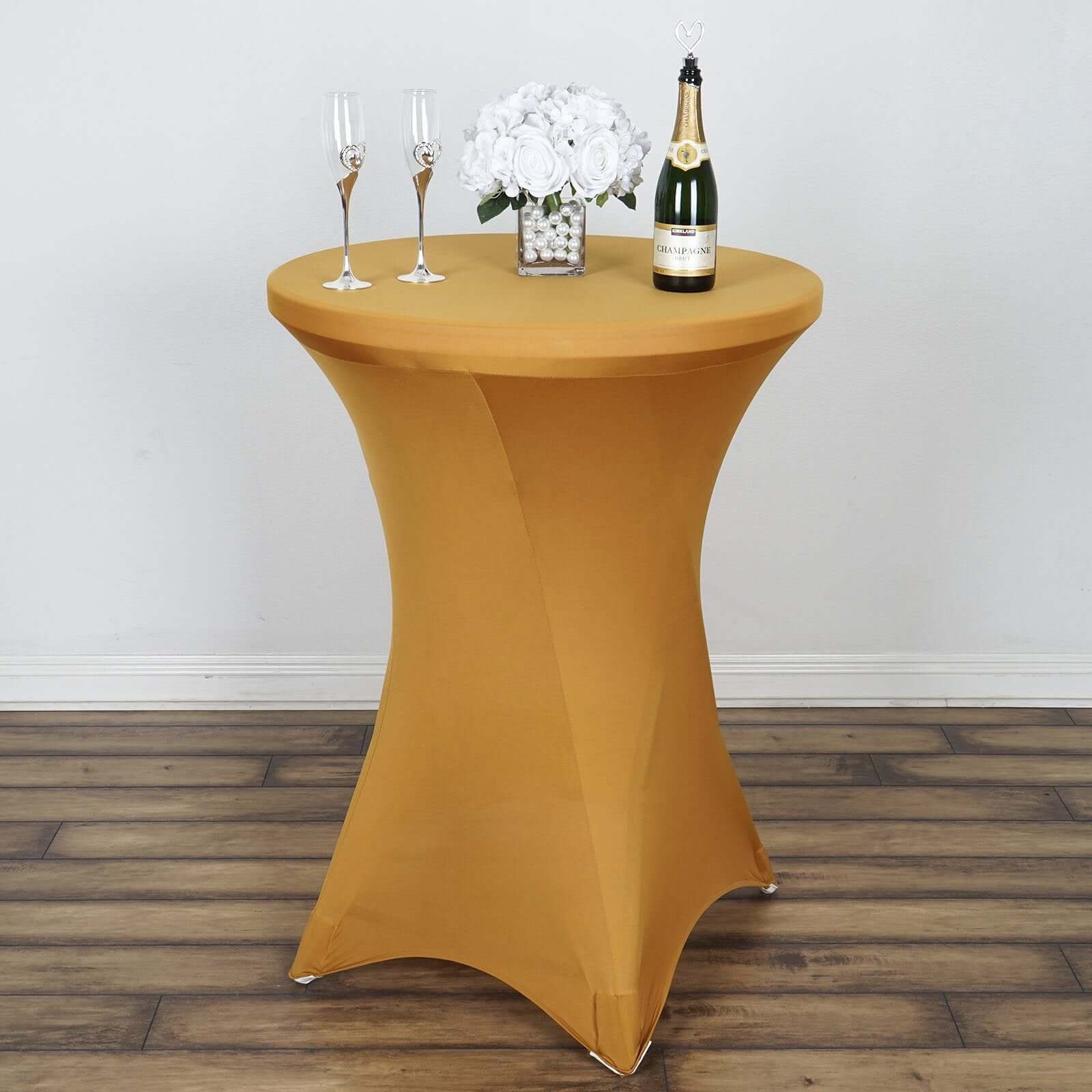 Spandex 30" Round Cocktail Table Cover Gold - Easy to Maintain Stretch Fitted Highboy Tablecloth for Stylish Events - Linen Luxes
