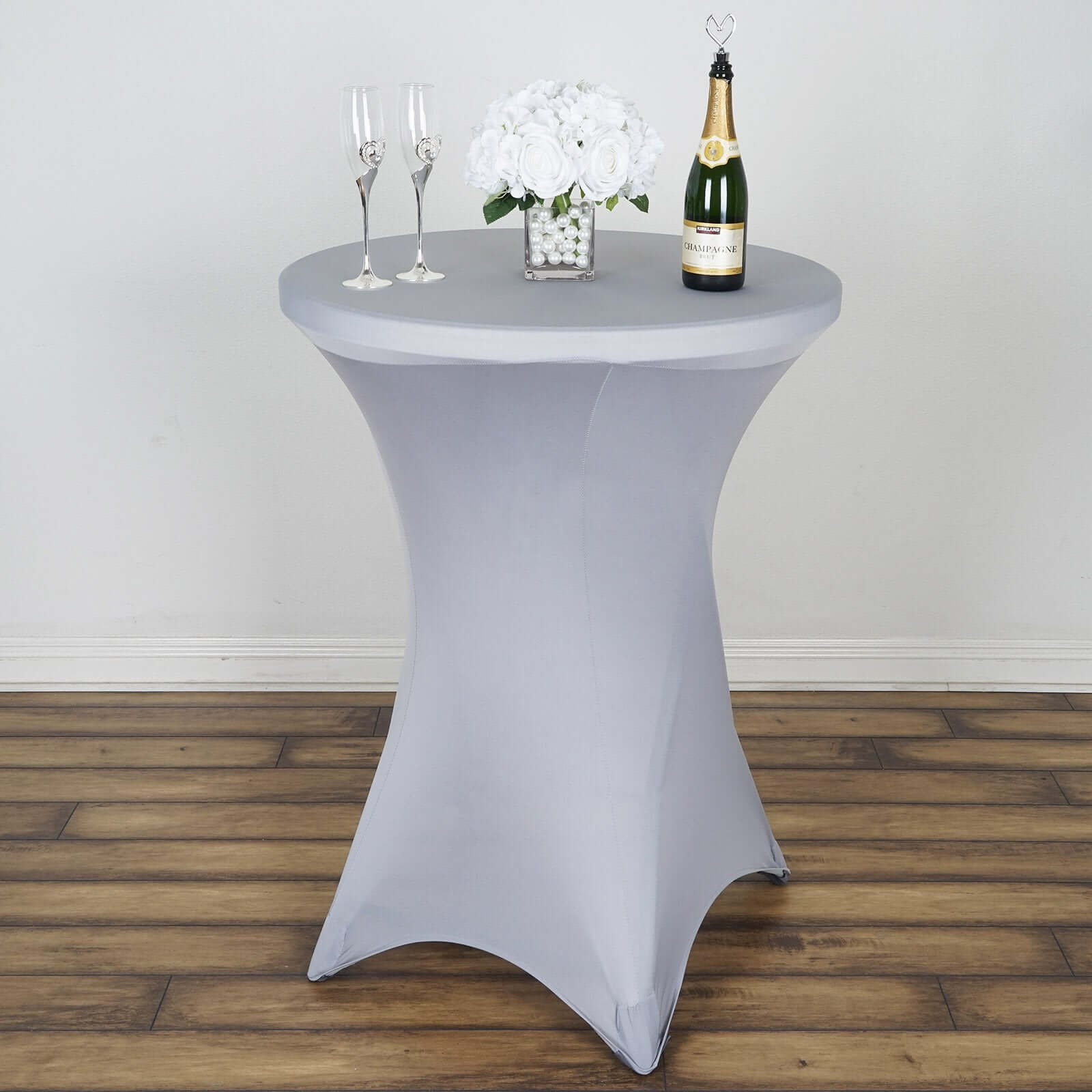 Spandex 30" Round Cocktail Table Cover Silver - Easy to Maintain Stretch Fitted Highboy Tablecloth - Linen Luxes