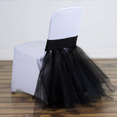 Spandex Chair Cover Skirt Tutu Style for Wedding Chairs Black - Stylish Decor for Formal Events - Linen Luxes