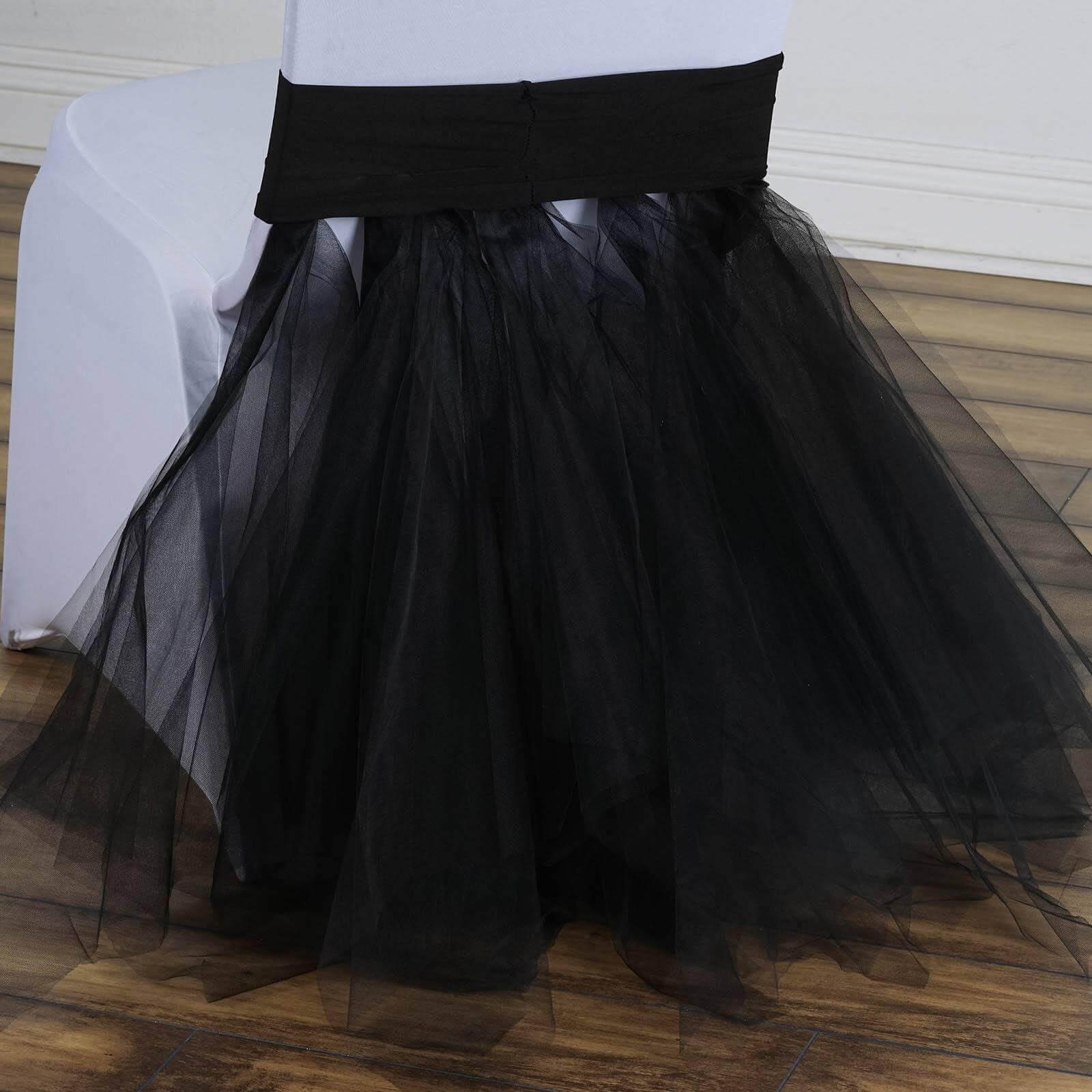 Spandex Chair Cover Skirt Tutu Style for Wedding Chairs Black - Stylish Decor for Formal Events - Linen Luxes