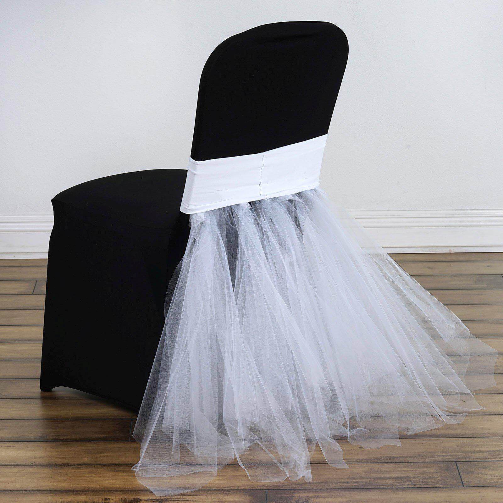 Spandex Chair Cover Skirt Tutu Style for Wedding Chairs White - Stylish Decor for Formal Events - Linen Luxes
