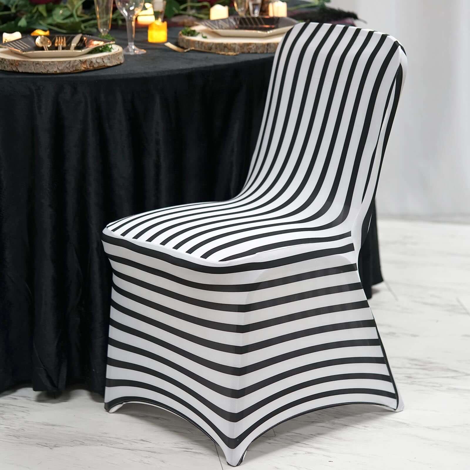 Spandex Chair Cover with Foot Pockets for Banquet Chairs Black/White Striped - Durable Stretch Fitted Slipcover for Weddings & Gatherings - Linen Luxes
