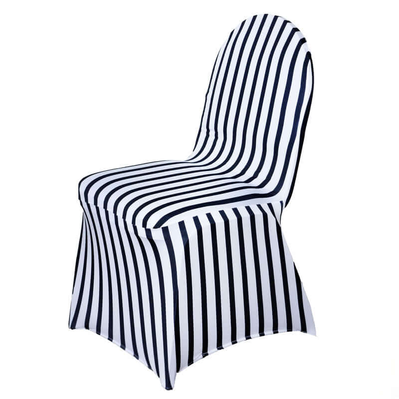 Spandex Chair Cover with Foot Pockets for Banquet Chairs Black/White Striped - Durable Stretch Fitted Slipcover for Weddings & Gatherings - Linen Luxes
