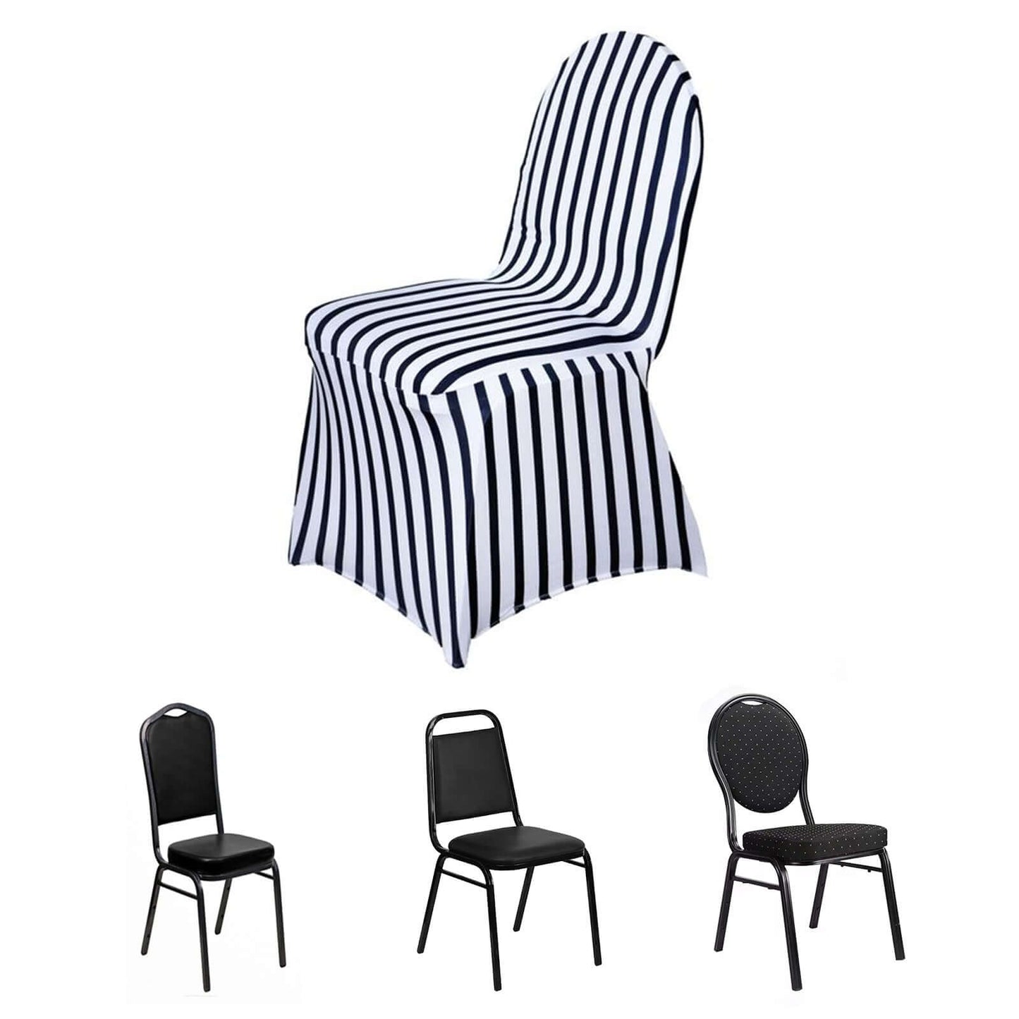Spandex Chair Cover with Foot Pockets for Banquet Chairs Black/White Striped - Durable Stretch Fitted Slipcover for Weddings & Gatherings - Linen Luxes