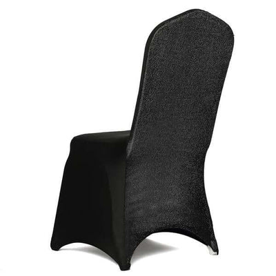 Spandex Chair Cover with Metallic Shimmer Tinsel Back for Banquet Chairs Black - Luxe Fitted Slipcover for Weddings & Parties - Linen Luxes