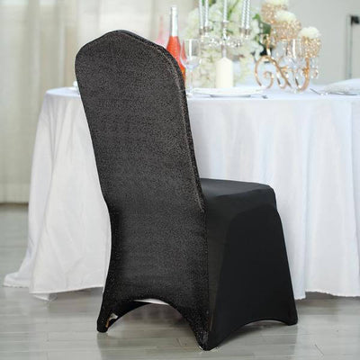 Spandex Chair Cover with Metallic Shimmer Tinsel Back for Banquet Chairs Black - Luxe Fitted Slipcover for Weddings & Parties - Linen Luxes
