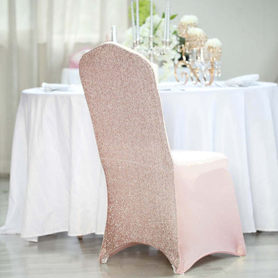 Spandex Chair Cover with Metallic Shimmer Tinsel Back for Banquet Chairs Blush - Fitted Slipcover - Linen Luxes