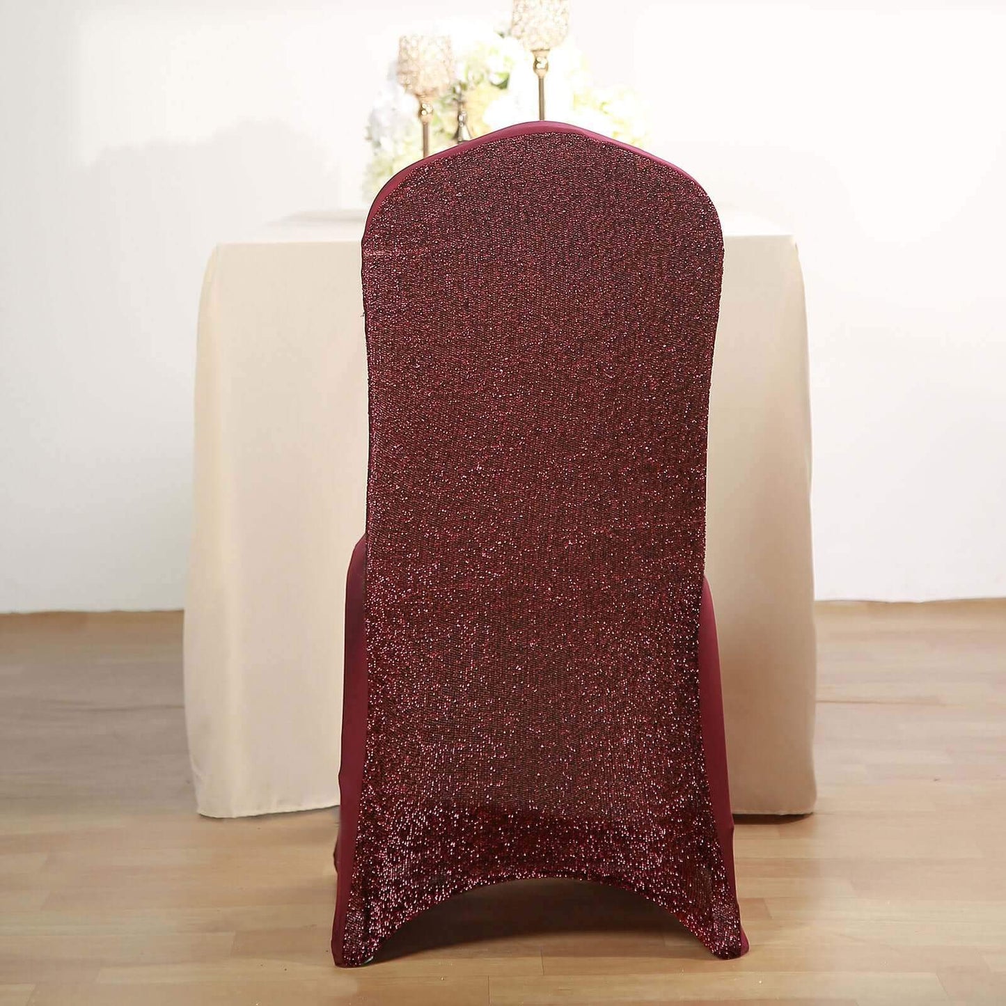 Spandex Chair Cover with Metallic Shimmer Tinsel Back for Banquet Chairs Burgundy - Fitted Slipcover - Linen Luxes