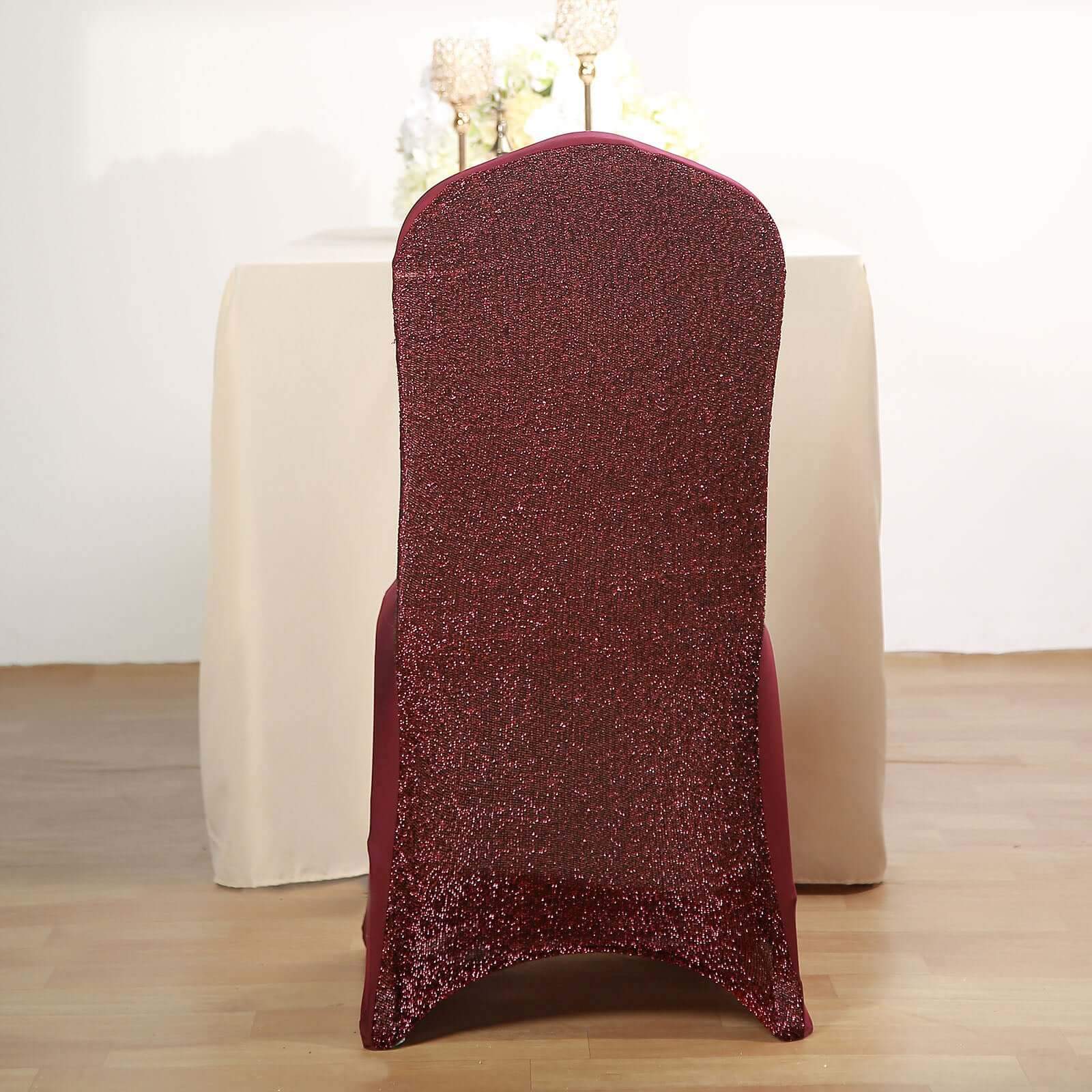 Spandex Chair Cover with Metallic Shimmer Tinsel Back for Banquet Chairs Burgundy - Fitted Slipcover - Linen Luxes