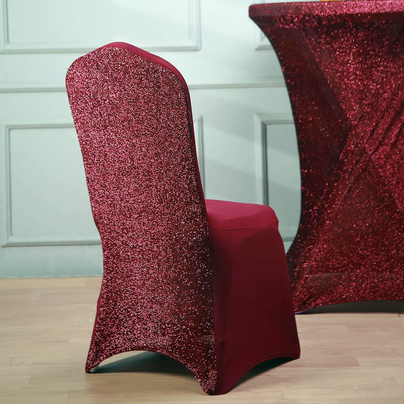 Spandex Chair Cover with Metallic Shimmer Tinsel Back for Banquet Chairs Burgundy - Fitted Slipcover - Linen Luxes