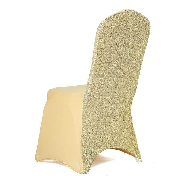 Spandex Chair Cover with Metallic Shimmer Tinsel Back for Banquet Chairs Champagne - Fitted Slipcover - Linen Luxes