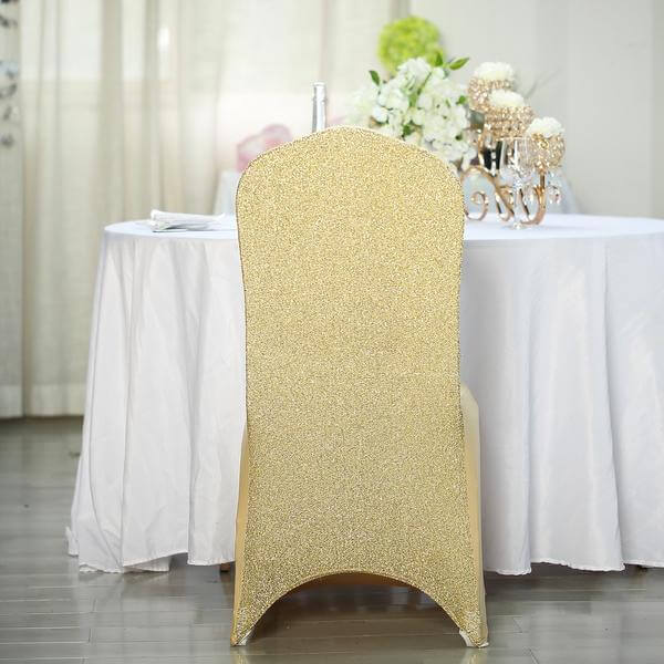 Spandex Chair Cover with Metallic Shimmer Tinsel Back for Banquet Chairs Champagne - Fitted Slipcover - Linen Luxes
