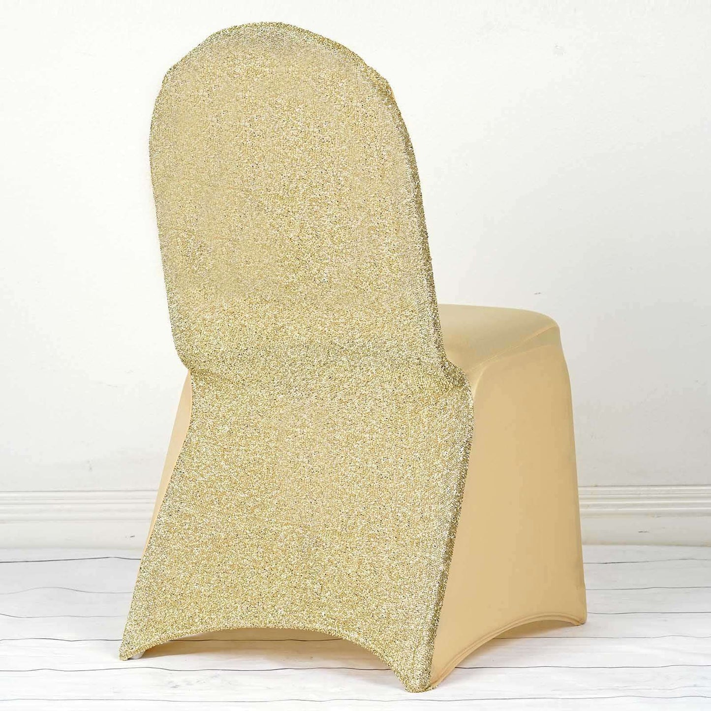 Spandex Chair Cover with Metallic Shimmer Tinsel Back for Banquet Chairs Champagne - Fitted Slipcover - Linen Luxes