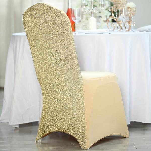 Spandex Chair Cover with Metallic Shimmer Tinsel Back for Banquet Chairs Champagne - Fitted Slipcover - Linen Luxes