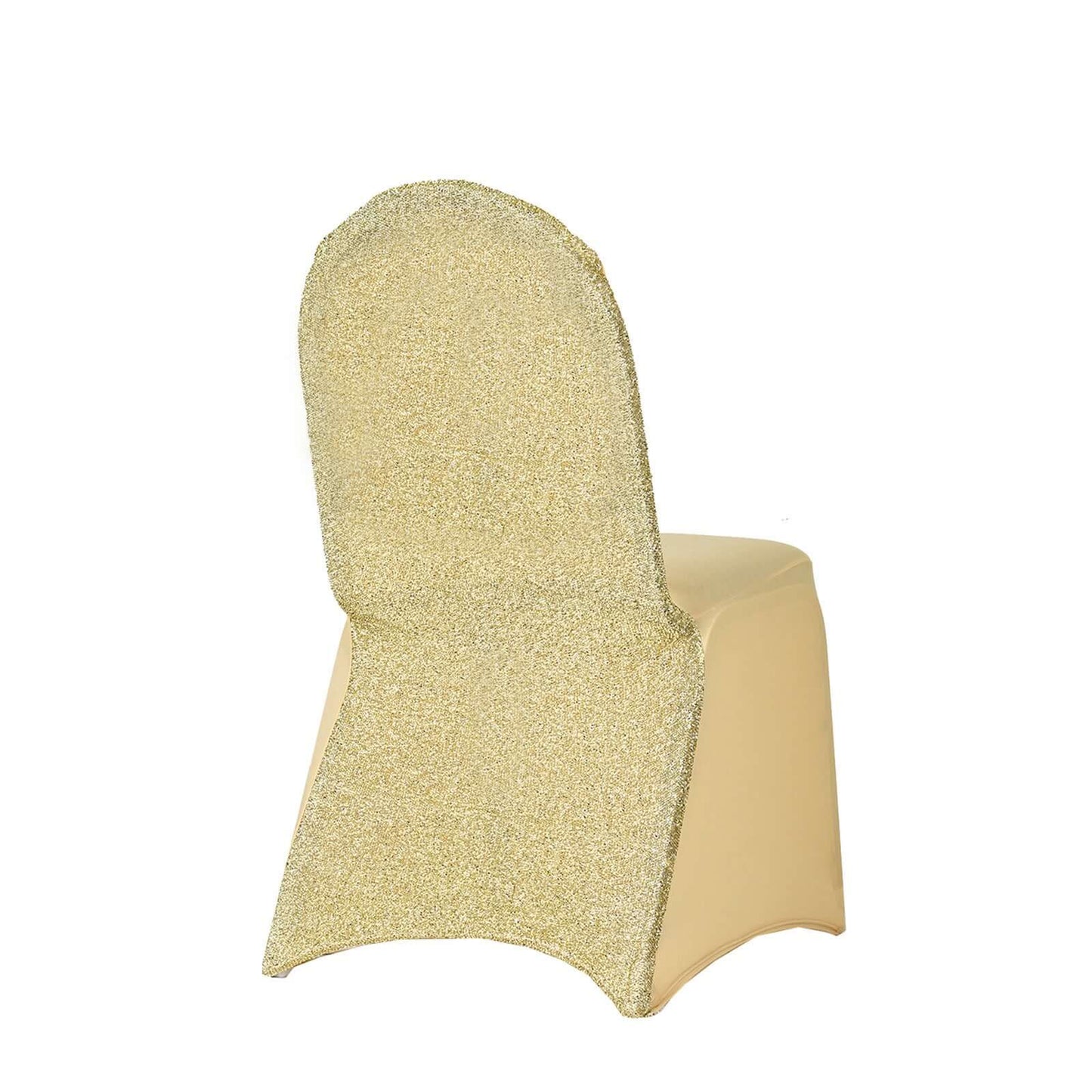 Spandex Chair Cover with Metallic Shimmer Tinsel Back for Banquet Chairs Champagne - Fitted Slipcover - Linen Luxes