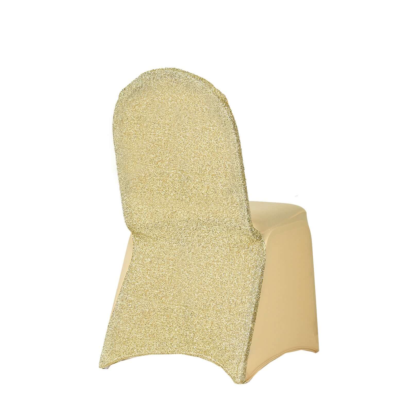 Spandex Chair Cover with Metallic Shimmer Tinsel Back for Banquet Chairs Champagne - Fitted Slipcover - Linen Luxes