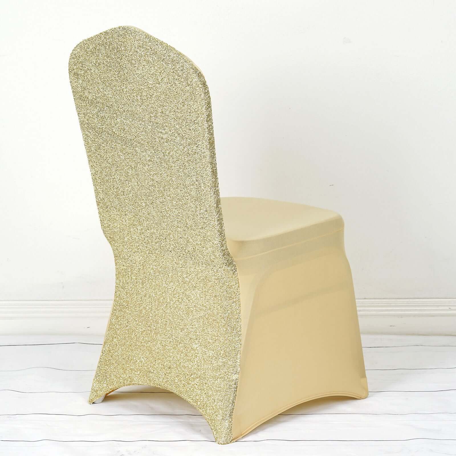 Spandex Chair Cover with Metallic Shimmer Tinsel Back for Banquet Chairs Champagne - Fitted Slipcover - Linen Luxes