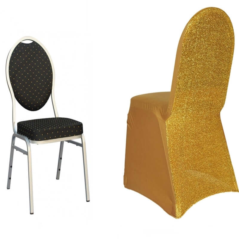 Spandex Chair Cover with Metallic Shimmer Tinsel Back for Banquet Chairs Gold - Luxe Fitted Slipcover for Weddings & Parties - Linen Luxes