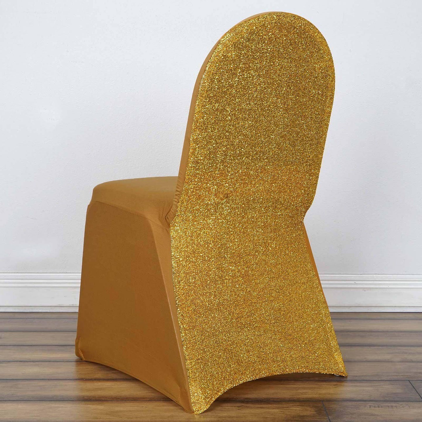 Spandex Chair Cover with Metallic Shimmer Tinsel Back for Banquet Chairs Gold - Luxe Fitted Slipcover for Weddings & Parties - Linen Luxes