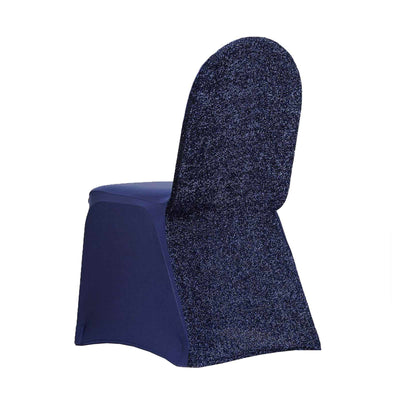 Spandex Chair Cover with Metallic Shimmer Tinsel Back for Banquet Chairs Navy Blue - Fitted Slipcover - Linen Luxes