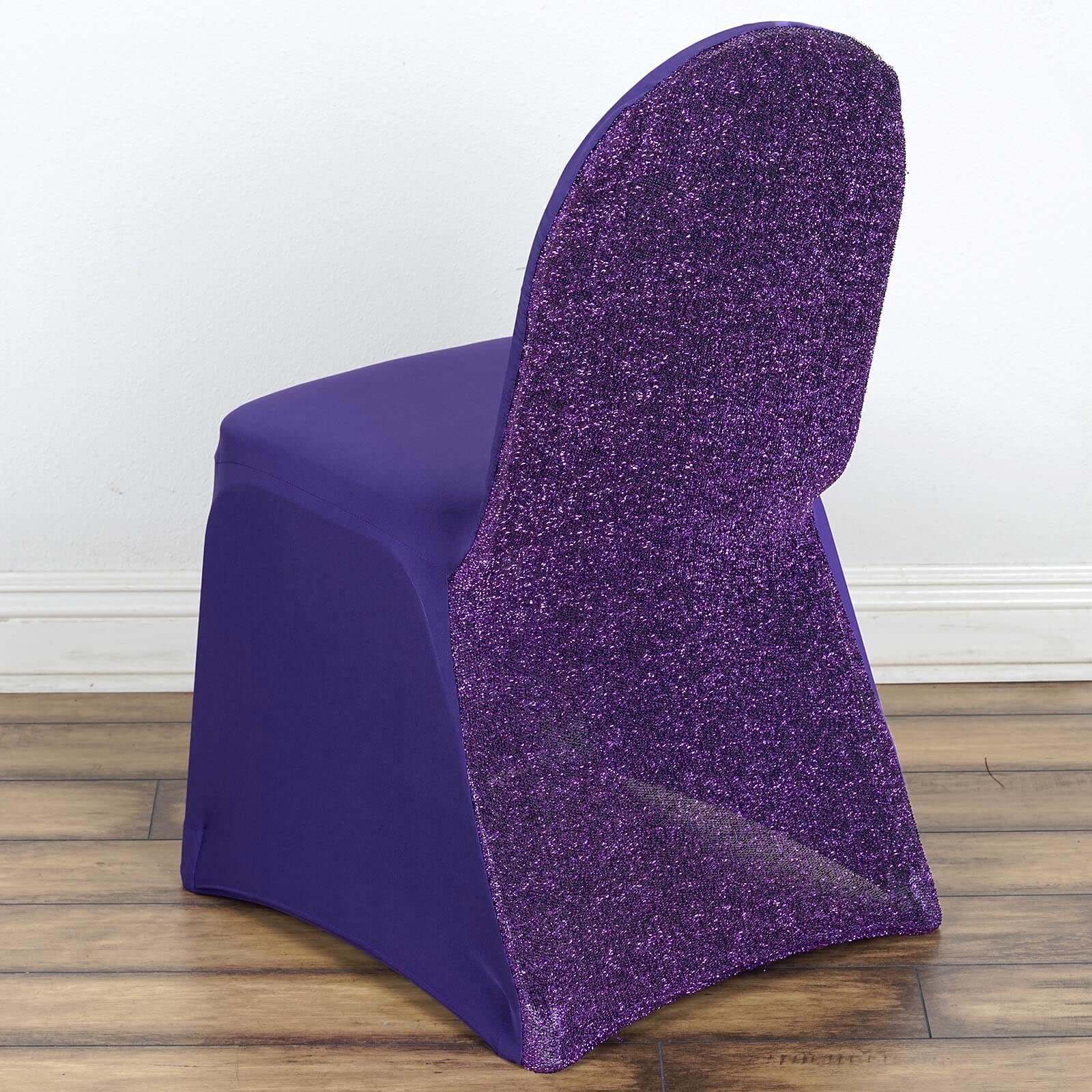 Spandex Chair Cover with Metallic Shimmer Tinsel Back for Banquet Chairs Purple - Fitted Slipcover - Linen Luxes